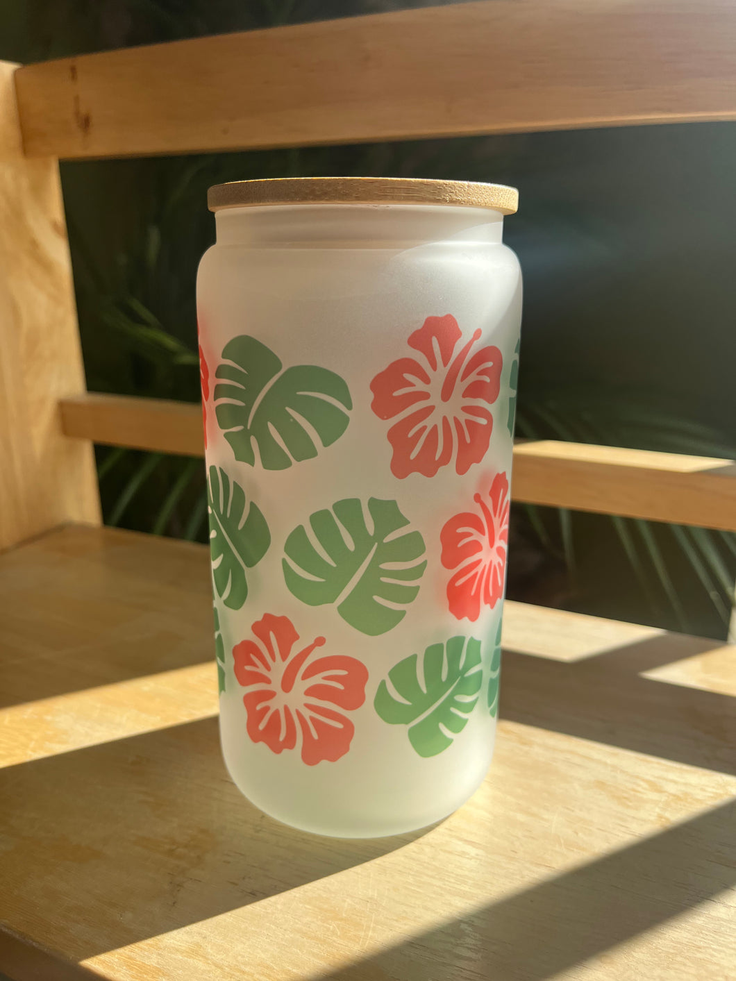 Pink Hibiscus and Monstera Glass Cup