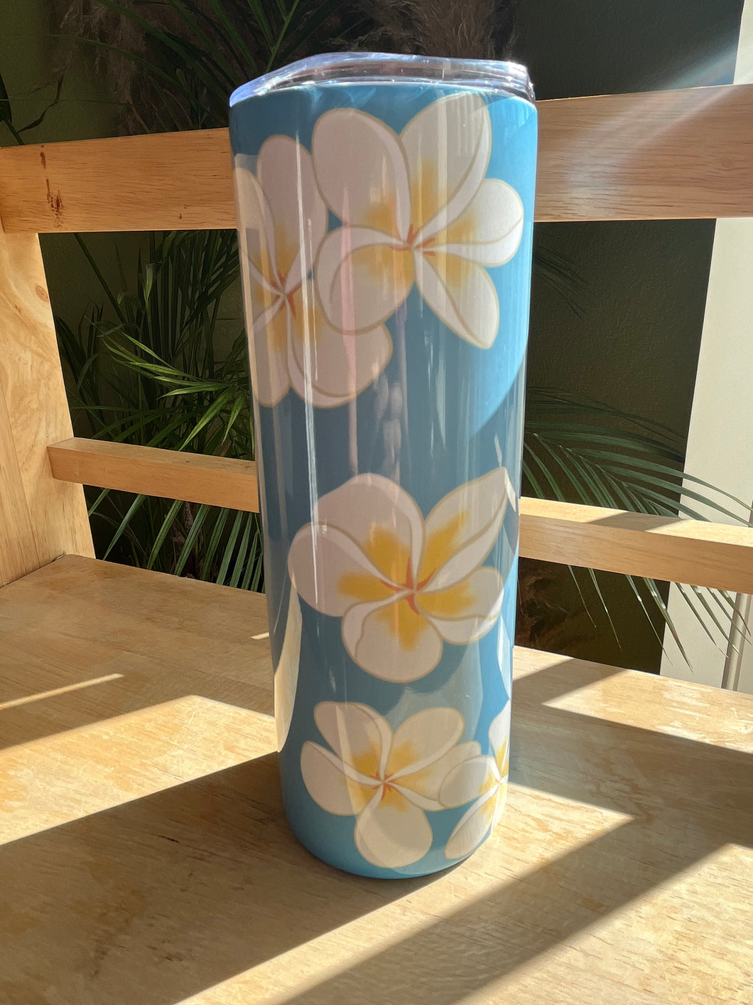 White and Blue Plumeria Tumbler